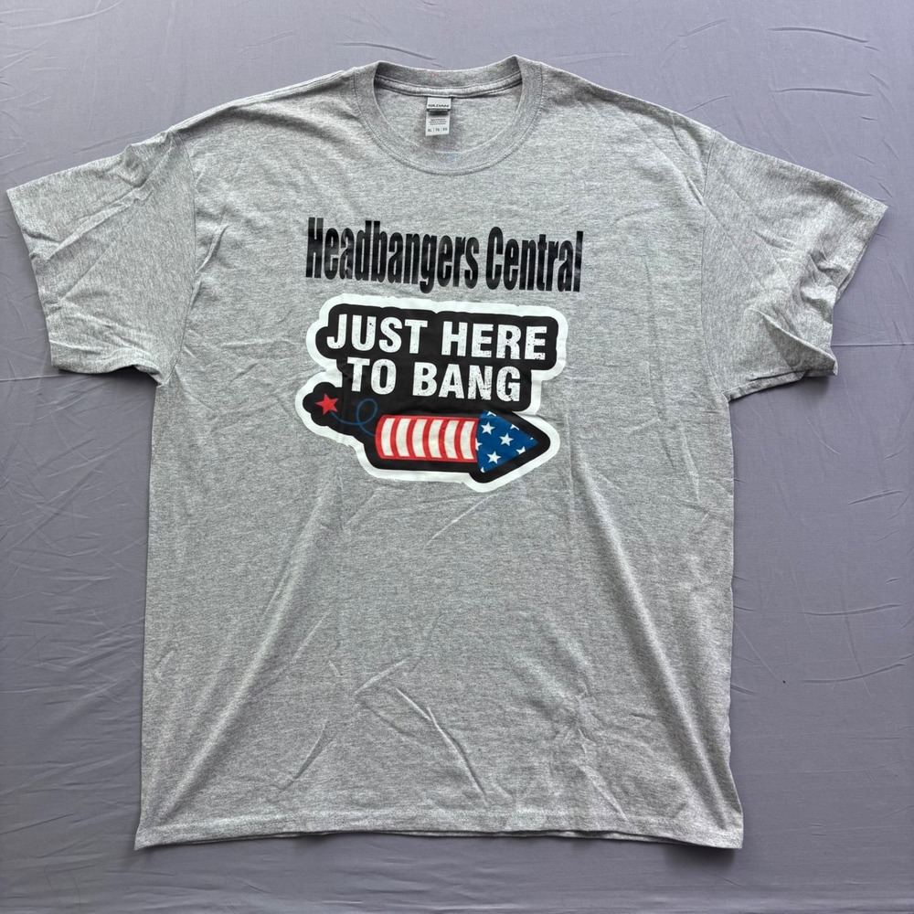 Gildan Headbangers Central Just Here To Bang Firework Graphic Tee Mens XL Gray